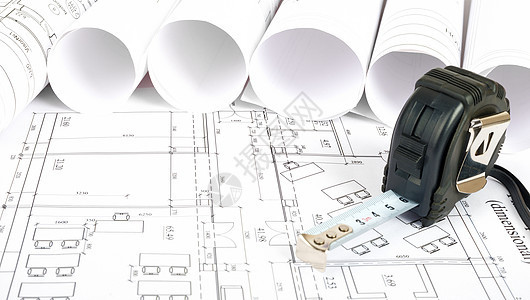 蓝图上的磁带措施卷尺绘画建筑物建筑学项目文档住房测量建筑工程图片