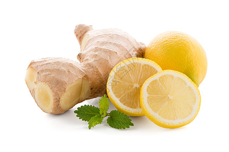 姜根和柠檬片香料蔬菜黄色营养白色香气植物味道柠檬美食图片
