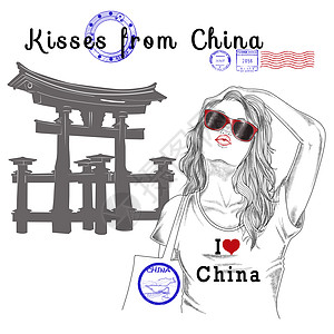 时尚插画 - 明信片 - 纪念碑背景的女孩和邮票 - 北京 - 中国 - 亚洲图片