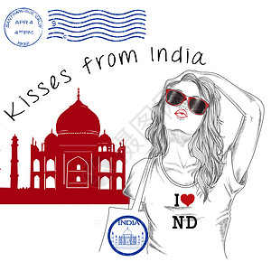 时尚插画-明信片-有纪念碑背景和邮票的女孩-印度-新德里图片