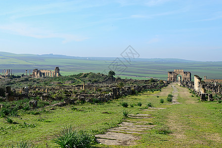 Volubilis 火山卷纪念碑石头历史性旅游古物马赛克遗产房子考古学地标图片