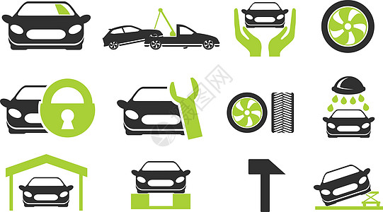 汽车服务图标集保险计算机车轮图标汽修店铺运输修复插画