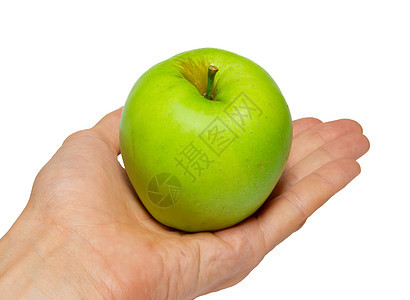 一只在白色上孤立的手拿着绿色美味苹果维生素饮食食物宏观果味蔬菜水果小吃营养果汁图片
