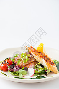 现代型鲑鱼牛排食谱晚餐牛扒厨房餐厅食品烹饪食物蔬菜营养图片