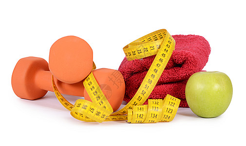 与哑铃隔离的测量磁带药品毛巾重量肌肉饮食橙子食物节食健康健身房图片