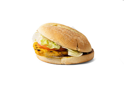 白色的Deliciuos汉堡包牛肉包子种子芝士面包汉堡小吃沙拉饮食食物背景图片