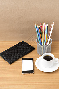 咖啡 电话 挂纸和彩色铅笔笔记本互联网桌子木头文档钱包规划师白色笔记电脑图片