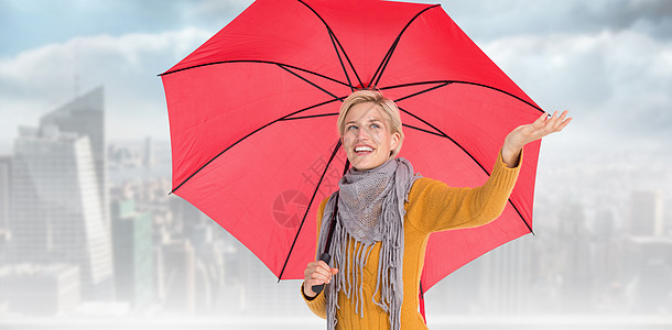 女人的复合图像 看雨是否下雨阳台围巾帽子检查女性景观衣服绘图女士金发背景图片