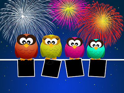 猫头鹰庆祝新年家庭烟花乐趣动物插图鸟类图片