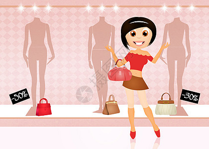 女购物女孩花费女孩模特季节性钱包插图手提包衣服购物店铺图片