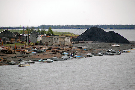 Kolyma河海岸镇的船图片