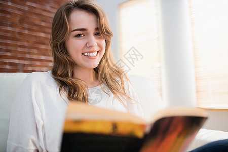 微笑的女人在看一本书长椅休闲公寓女士文学闲暇客厅家庭服装房子图片