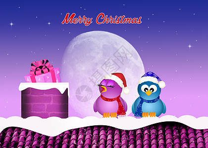 圣诞节在屋顶上的鸟月亮麻雀庆典插图动物新年礼物背景图片