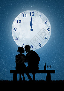 情侣庆祝新年插图问候语倒数眼镜男人夫妻月光月亮女士长椅图片
