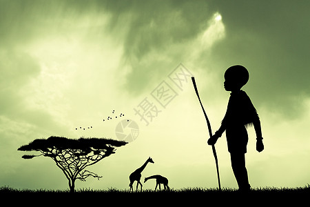 日落时非洲儿童马赛人文化荒野旅行男人插图部落阳光黑色动物图片