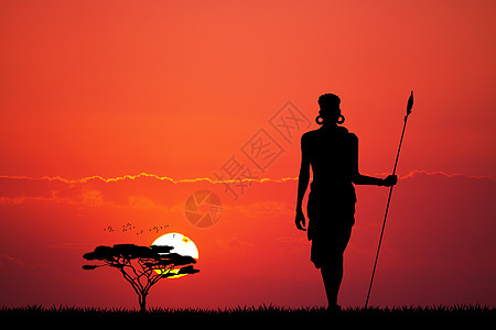 相思树非洲地貌中的马赛人日落插图旅行部落文化荒野黑色阳光背景