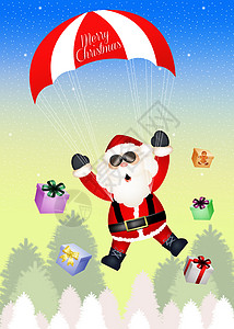 带降落伞的圣诞老人航班景观新年发射庆典卡通片礼物闲暇插图明信片图片