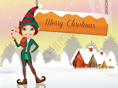 圣诞节的精灵插图驯鹿新年景观小精灵雪人礼物卡通片雪花明信片图片