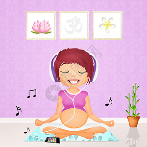 孕妇用音乐做瑜伽姿势微笑快乐运动健身房女士冥想耳机母性插图图片