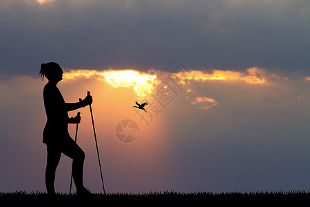 山山步行女孩健走闲暇天空插图日落冒险运动背景图片
