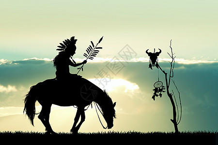 日落时骑马的美洲土著印第安人鬃毛装饰品荒野帐篷插图男人羽毛皮肤原住民文化图片