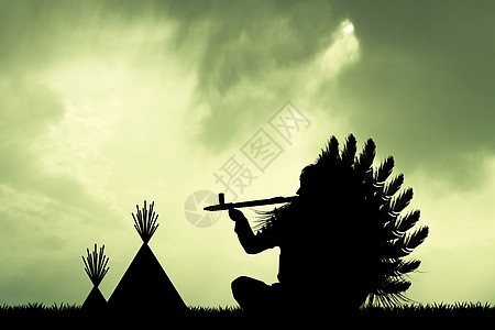 日落时的美洲土著印第安人文化男人皮肤帐篷插图鬃毛装饰品荒野羽毛原住民图片