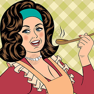 流行艺术古代女人 用围裙来品尝她的食物炊具插图卡片厨师盘子勺子工作厨房乡愁美食图片