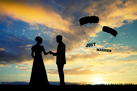 日落时为新娘和新郎女士夫妻庆典派对婚礼插图恋人订婚降落伞婚姻图片