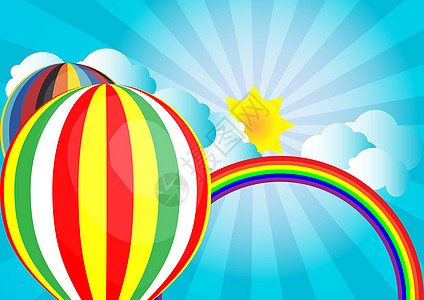 用热空气气球和彩虹对云的向量阳光图片