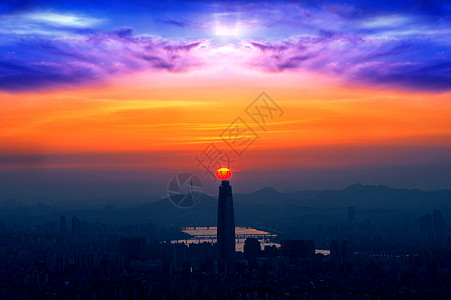 南科尔首尔Lotte世界商场日落和美丽的天空夜景首都目的地景观都市商业金融城市太阳旅行图片