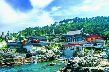 寺和南朝鲜釜山海云台海海佛教徒寺庙游客石头吸引力地标海洋旅行纪念碑建筑学图片