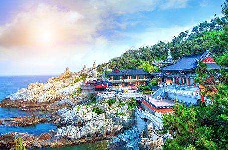 寺和南朝鲜釜山海云台海海纪念碑文化旅行建筑学石头佛教徒地标云台寺庙吸引力图片
