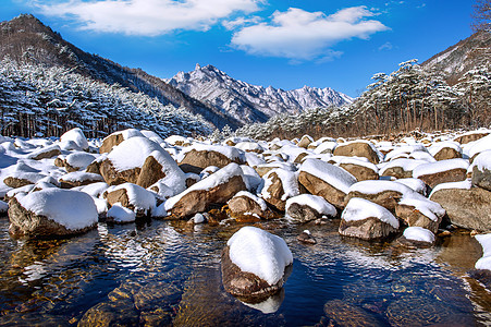 南韩冬季的雪覆盖了Seoraksan山脉天气故事国家薄雾天空晴天森林风景太阳山脉图片