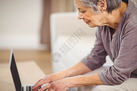 在客厅使用膝上型电脑的年长妇女老年人家庭生活女士头发皱纹微笑女性房子公寓技术图片