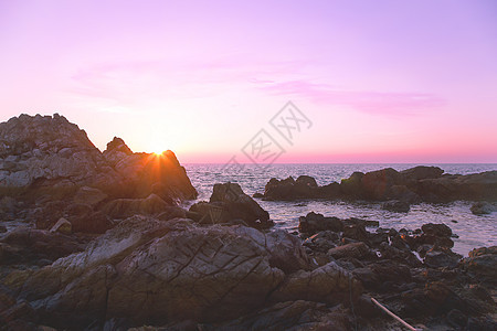 在海滩上摇滚 紫色日落图片