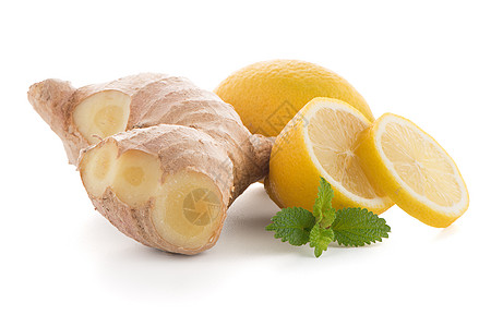 姜根和柠檬片香料烹饪美食白色蔬菜植物柠檬黄色棕色营养图片