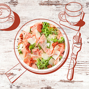 美味的传统比萨饼吃盘子食物午餐美食烹饪刀具火腿正方形玻璃草药图片