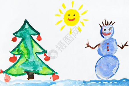 孩子和雪人一起画画水粉创造力插图太阳孩子们刷子橙子绘画问候语白色图片