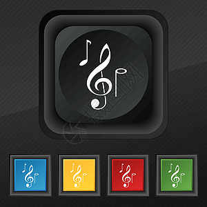 音乐笔记图标符号 在用于设计设计的黑色纹理上设置5个彩色 时髦的按钮 矢量图片