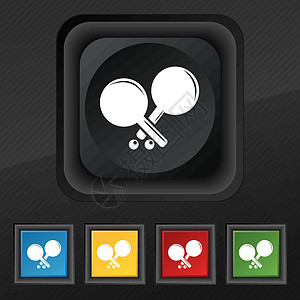 网球火箭图标符号 在黑色纹理上为您设计一套5个彩色 时髦的按钮 矢量图片
