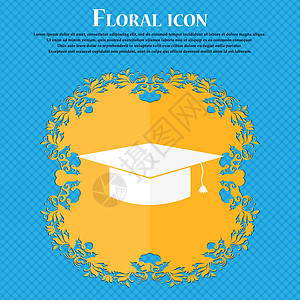 毕业帽图标 花粉平面设计 放在蓝色抽象背景上 并放置文字位置 矢量图片