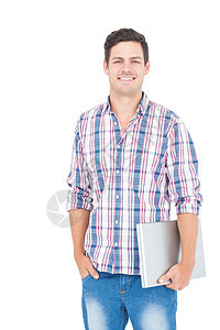 手持笔记本电脑的男学生笑着微笑的肖像快乐幸福棕色休闲男人双手口袋学习学生头发图片