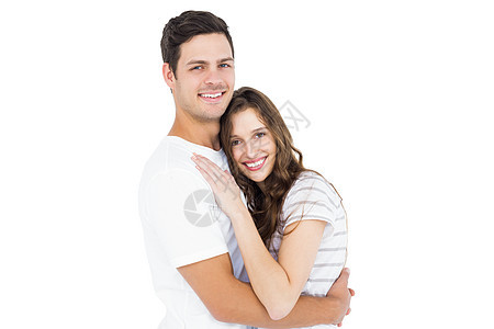 可爱的情侣拥抱和看镜头长发女性男朋友情怀头发男人相机棕色夫妻女士图片