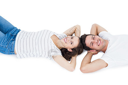 幸福的情侣躺在地板上头对头女朋友感情夫妻长发头发情怀服装女性微笑男性图片