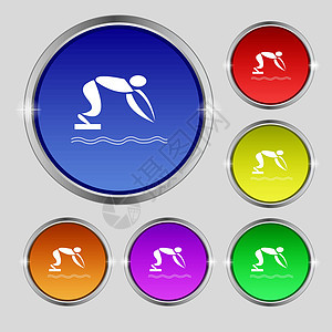 夏季运动潜水图标标志 明亮的彩色按钮上的圆形符号 韦克托图片