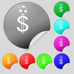 在橄榄球上打赌 货币收藏家 书商图标符号 一组8个多色圆环按钮 贴纸 矢量图片