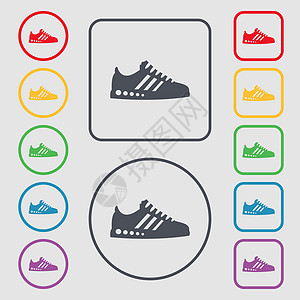 Sneakers 图标符号 圆形上的符号和带边框的平方按钮 矢量图片
