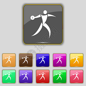 图标符号 设置为您网站的11个彩色按钮 矢量铁饼插图成功力量标识运动投掷者竞技磁盘男性背景图片