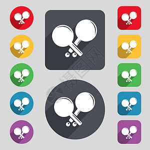 网球火箭图标符号 一组有12色按钮和长阴影 平面设计 矢量图片