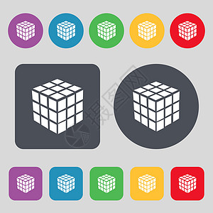 3D 图标符号中的三面立方体拼图框 一组有12色按钮 平坦设计 矢量图片